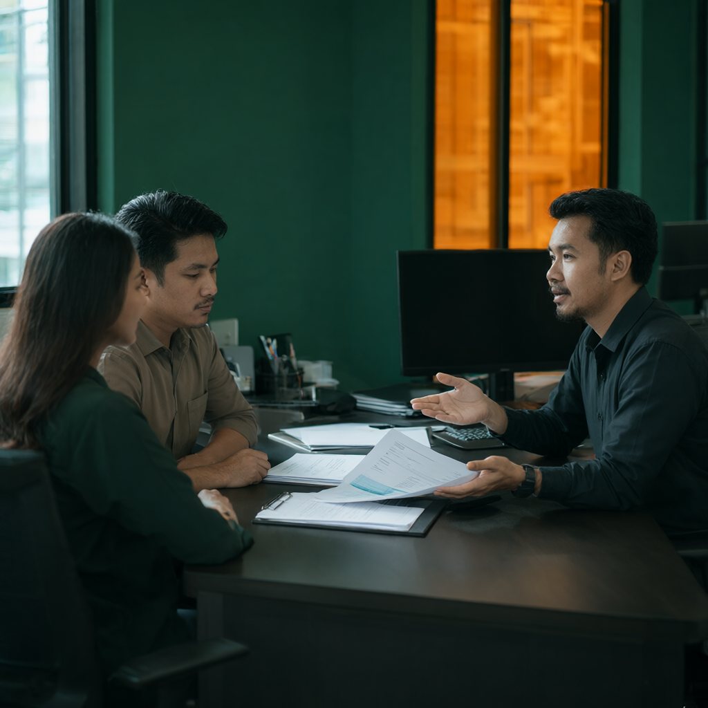 A counsellor explaining documents to a couple across a desk