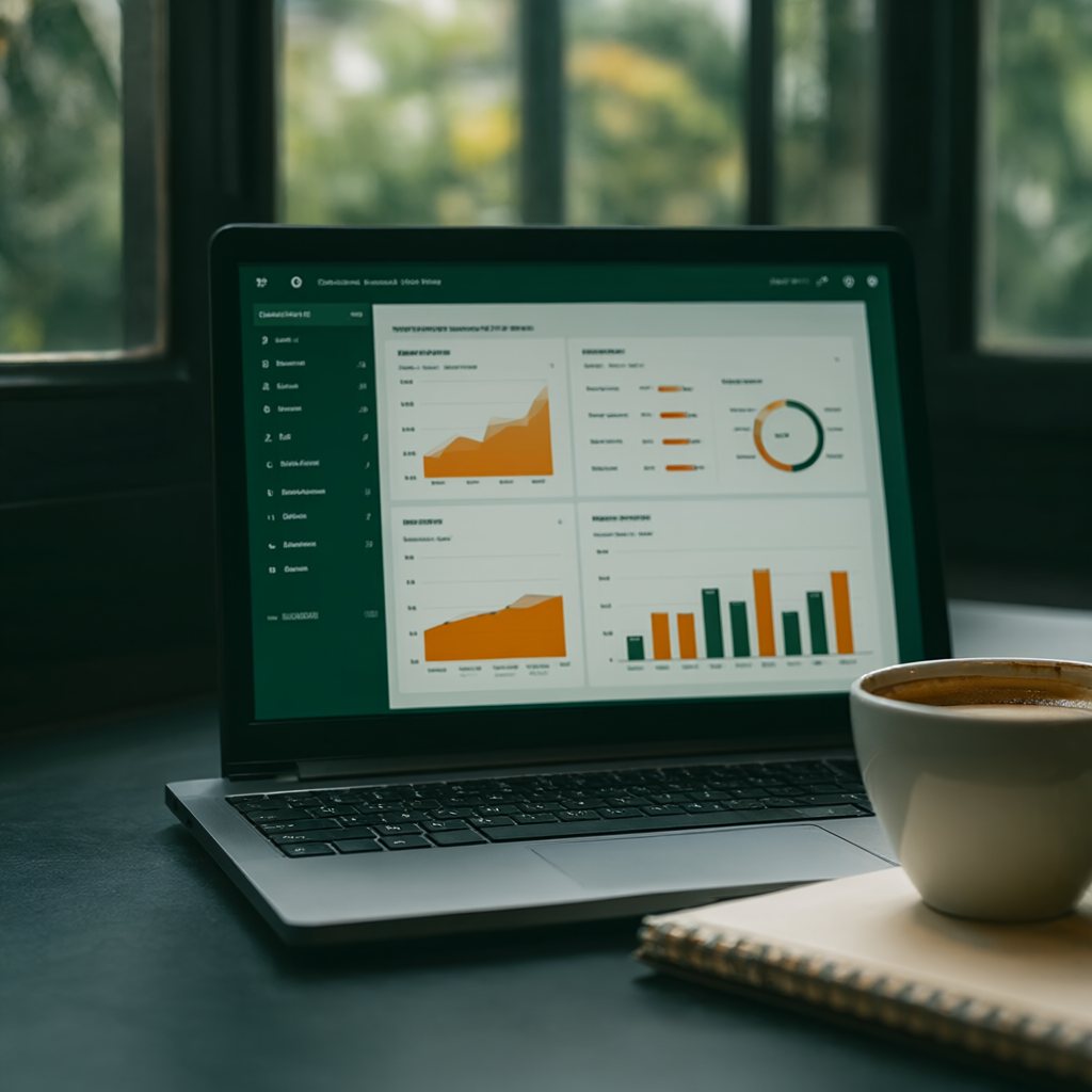 A laptop showing a credit dashboard beside a coffee cup