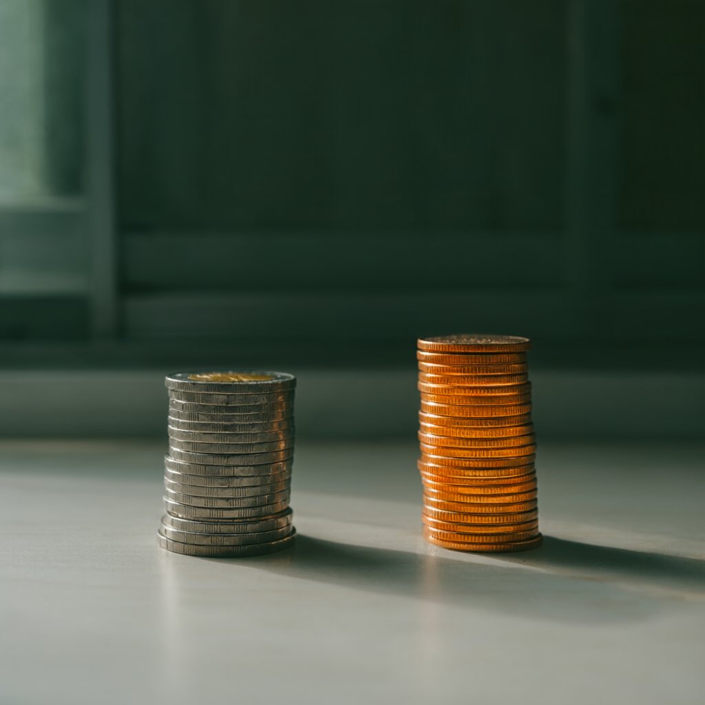 Two stacks of coins of different heights on a table
