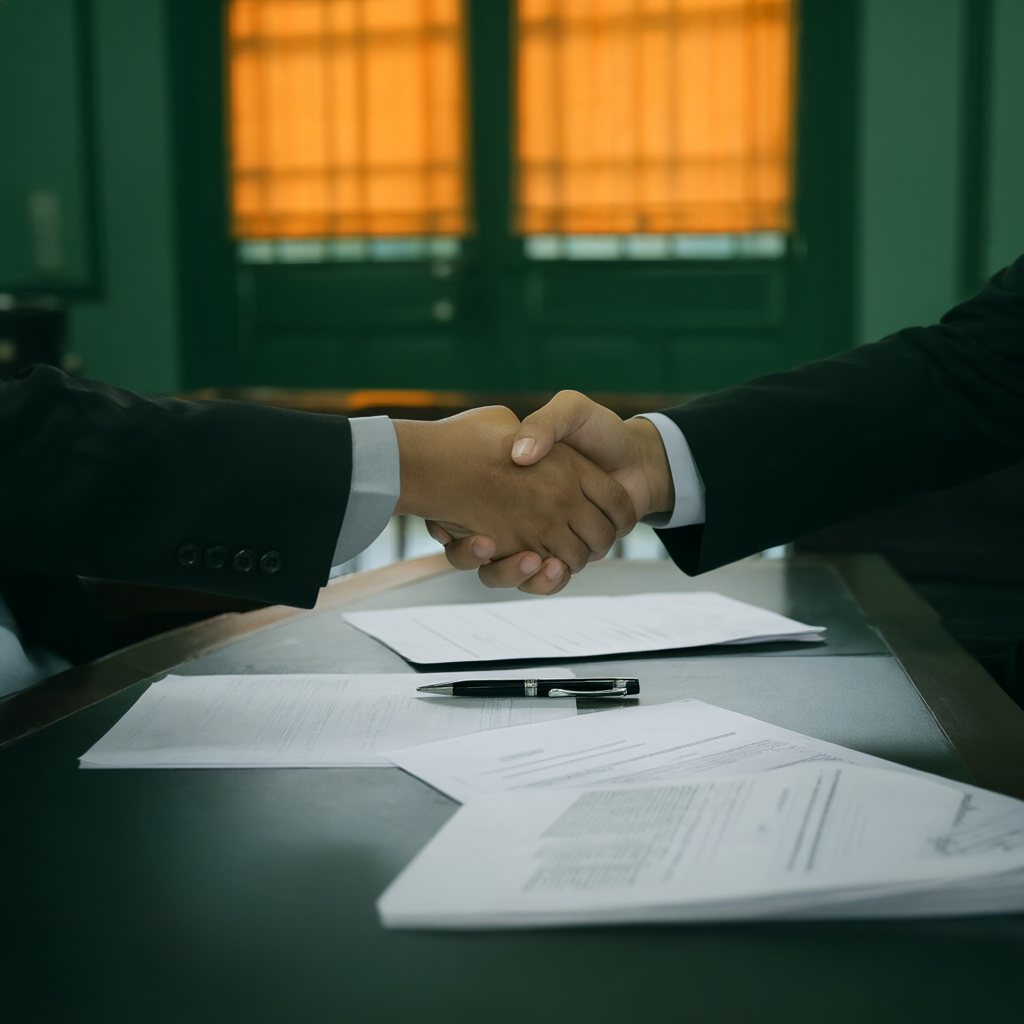 Two people shaking hands across a bank desk over documents