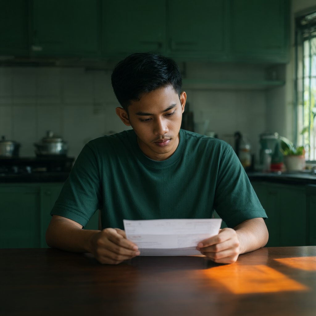 A man reading a bank letter at his kitchen table