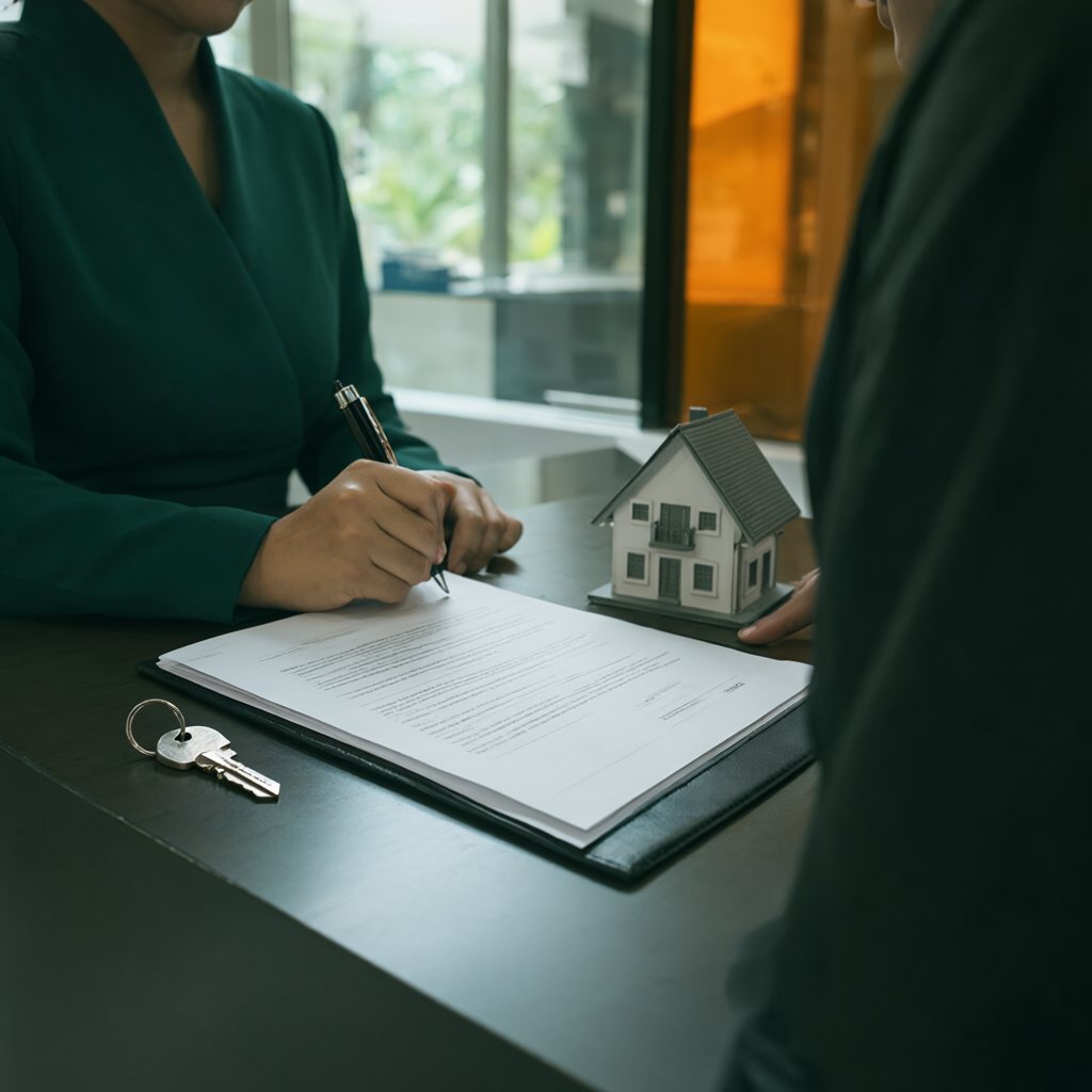 A couple reviewing loan documents at a bank desk