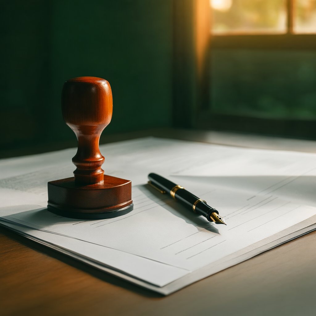 A rubber stamp and legal documents on a desk