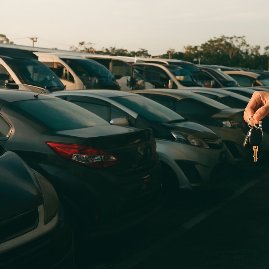 Used cars on a dealership lot at golden hour