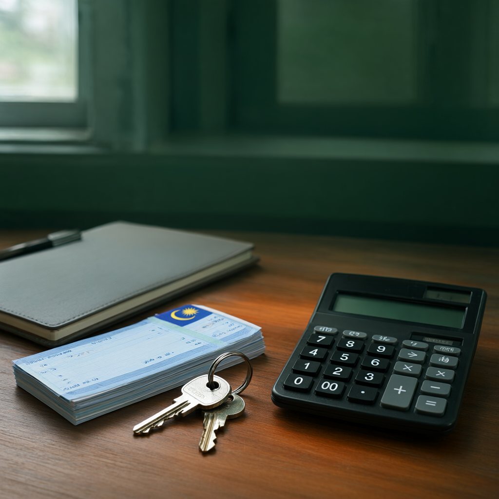 Payslips, a calculator and house keys on a desk
